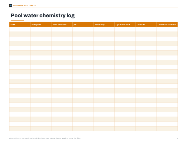 Preview of Printable Pool Chemistry Log