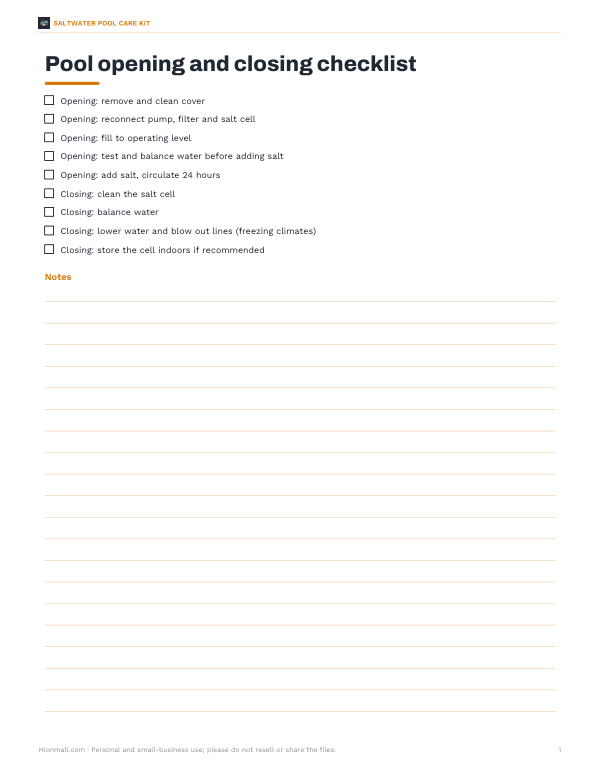 Preview of Printable Pool Opening and Closing Checklist