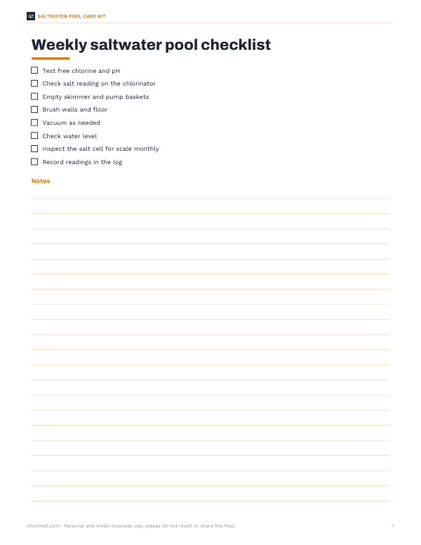 Preview of Printable Weekly Saltwater Pool Checklist